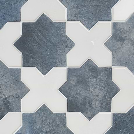 Malta Denim Blue Matte Star and White Polished Cross 6" Terracotta Look Porcelain Tile