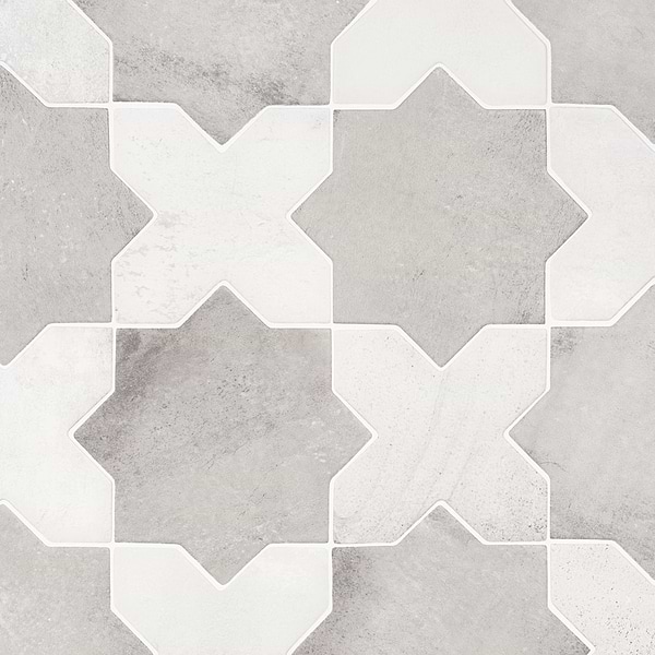 Malta Dove Gray Matte Star and White Matte Cross 6" Terracotta Look Porcelain Tile