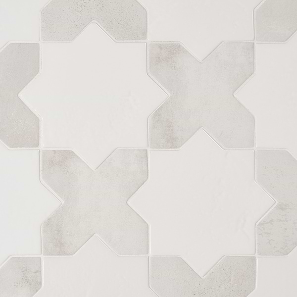 Malta White Polished Star and White Matte Cross 6" Terracotta Look Porcelain Tile