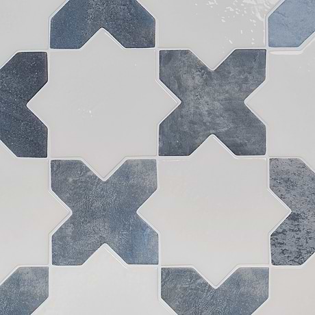 Malta White Polished Star and Denim Blue Matte Cross 6" Terracotta Look Porcelain Tile