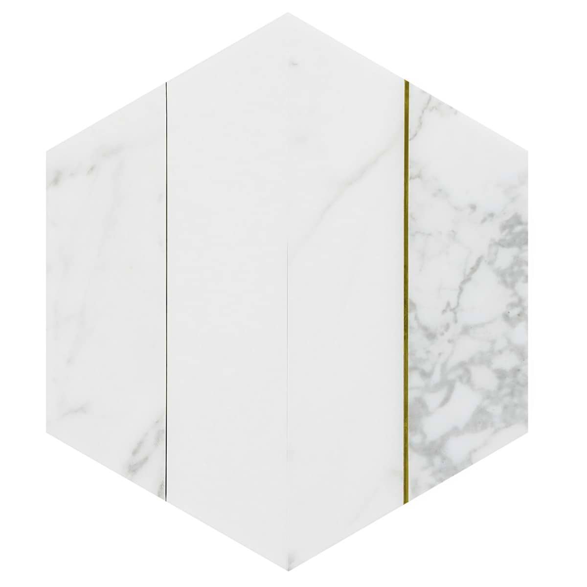 Audrey White and Gold 9" Hexagon Polished Calacatta Marble and Brass Mosaic Tile