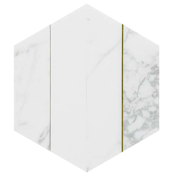 Audrey White and Gold 9" Hexagon Polished Calacatta Marble and Brass Mosaic Tile