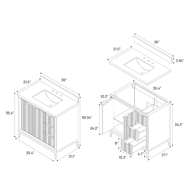 Bungalow White and Gold 36" Single Vanity without Top