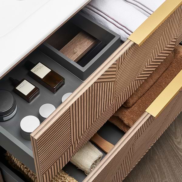 Kora Geo Faux Fluted 32" Single Vanity with Integrated White Ceramic Top & Gold Handles