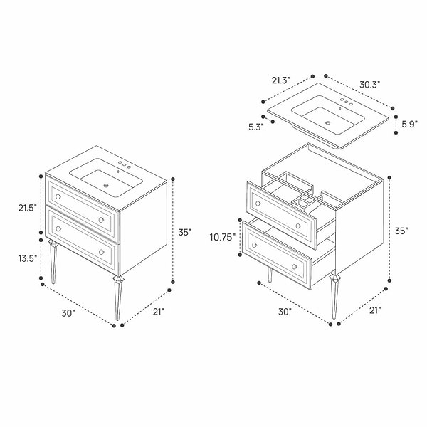 Alma Black 30" Vanity with Gold Legs & Knobs with Integrated White Solid Surface Top