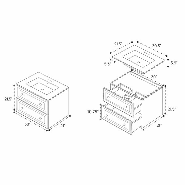 Alma White 30" Vanity with Chrome Legs & Knobs with Integrated White Solid Surface Top
