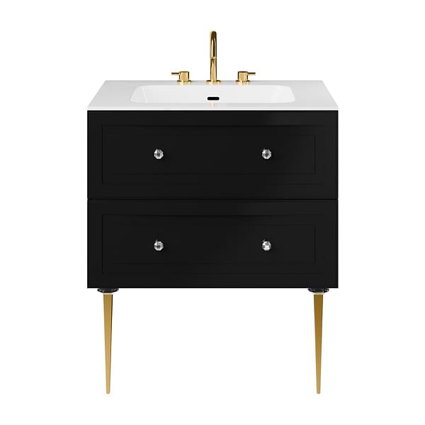 Alma Black 30" Vanity with Gold Legs & Knobs with Integrated White Solid Surface Top