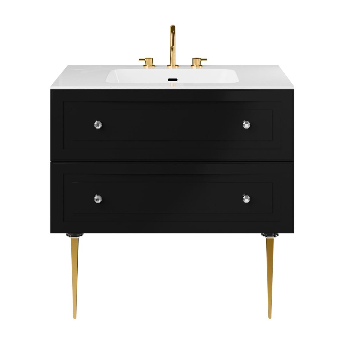 Alma Black 36" Vanity with Gold Legs & Knobs with Integrated White Solid Surface Top 