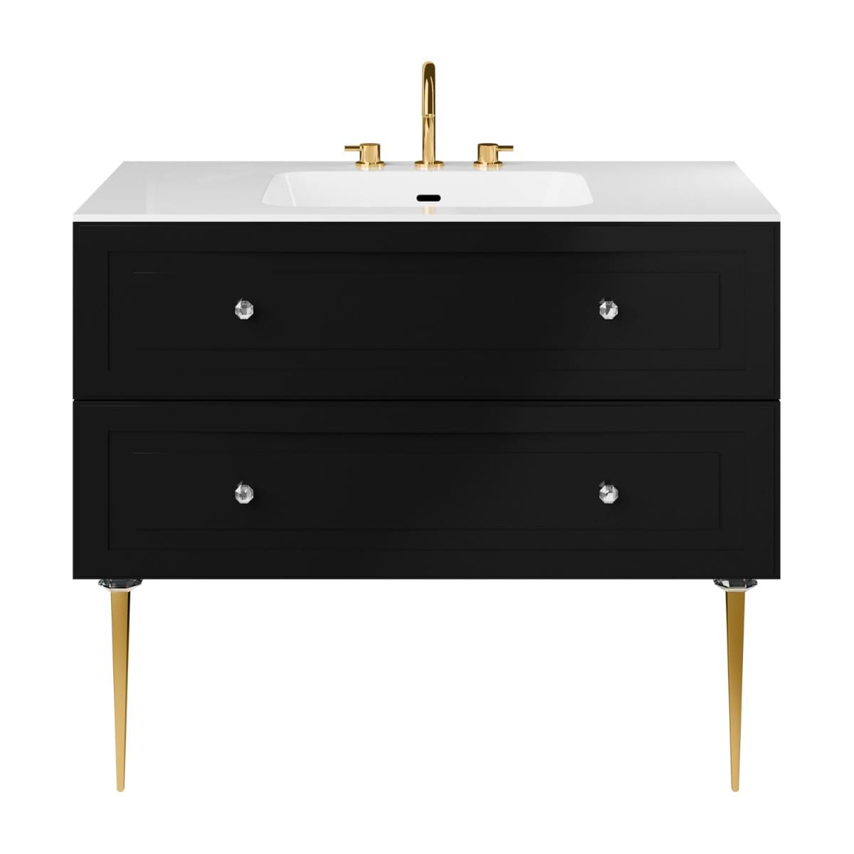 Alma Black 42" Vanity with Gold Legs & Knobs with Integrated White Solid Surface Top 