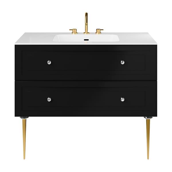 Alma Black 42" Vanity with Gold Legs & Knobs with Integrated White Solid Surface Top