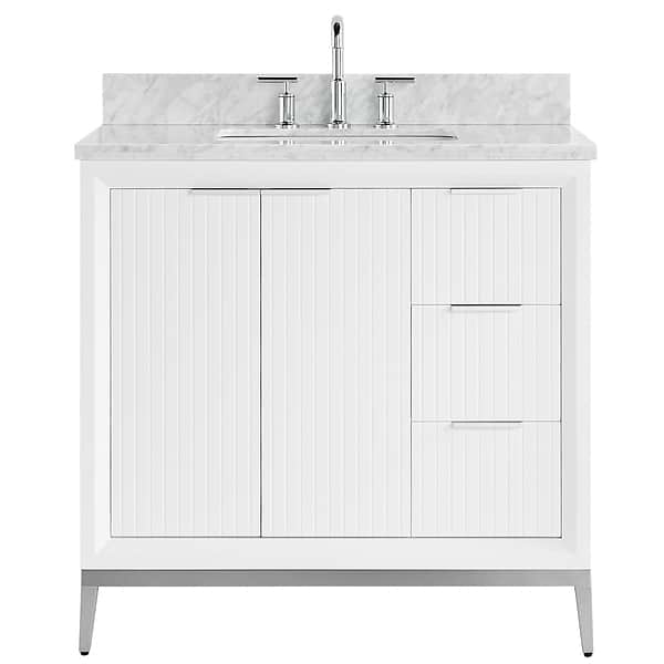 Bungalow White and Silver 36" Single Vanity with Carrara Marble Top; in White; in Style Ideas Classic, Mid Century, Modern, Traditional, Transitional
