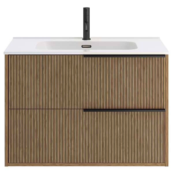 Kora Art Faux Fluted 32" Single Vanity with Integrated White Ceramic Top & Black Handles; in Style Ideas Art Deco, Contemporary, Industrial, Modern, Transitional