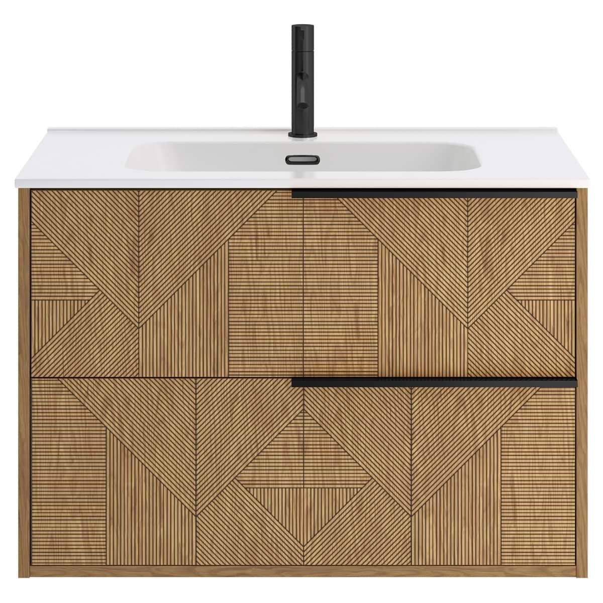 Kora Geo Faux Fluted 32" Single Vanity with Integrated White Ceramic Top & Black Handles 