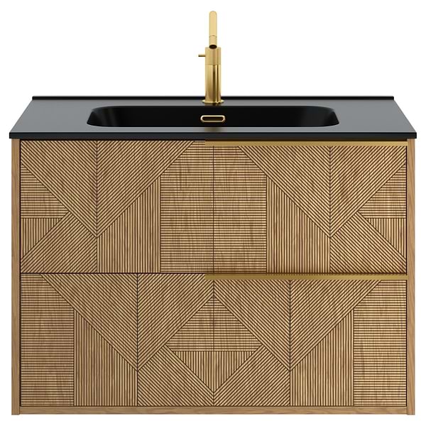 Close Out - Kora Geo Faux Fluted 32" Single Vanity with Integrated Black Ceramic Top & Gold Handles; in Style Ideas Art Deco, Contemporary, Industrial, Modern, Transitional