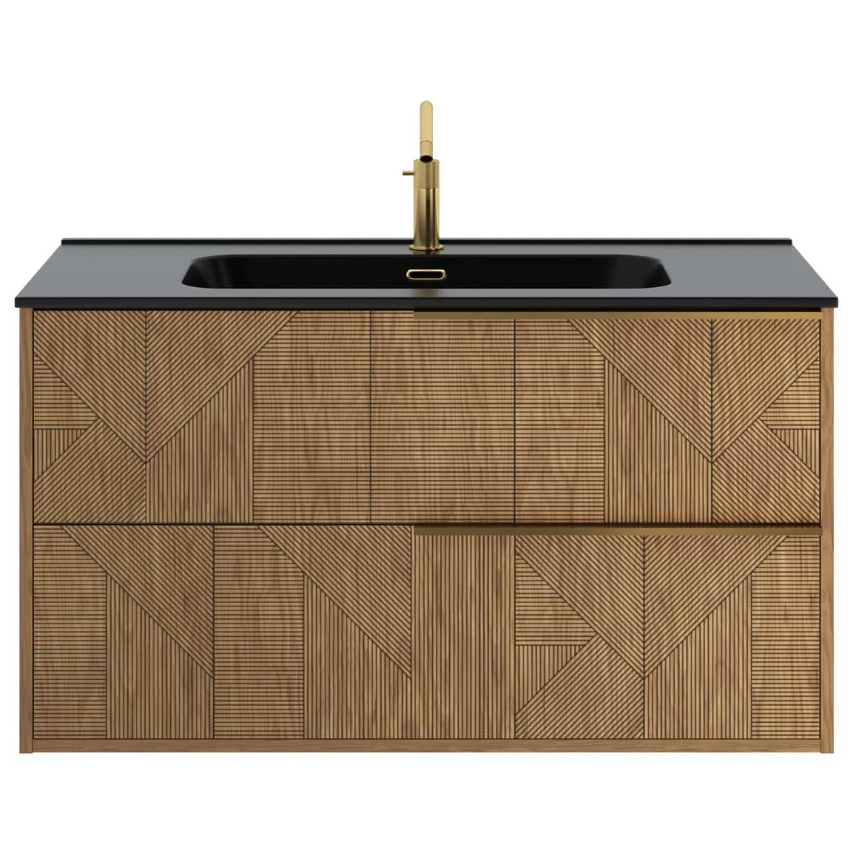 Kora Geo Faux Fluted 40" Single Vanity with Integrated Black Ceramic Top & Gold Handles 