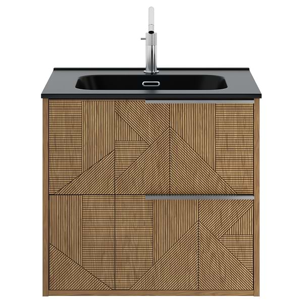 Kora Geo Faux Fluted 24" Single Vanity with Integrated Black Ceramic Top & Silver Handles; in Style Ideas Art Deco, Contemporary, Industrial, Modern, Transitional