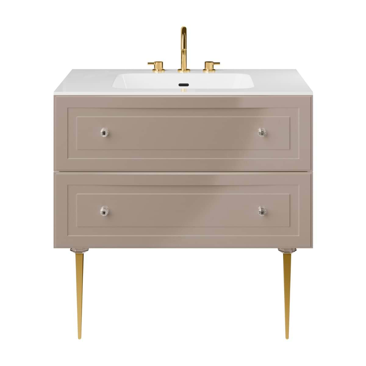 Alma Taupe 36" Vanity with Gold Legs & Knobs with Integrated White Solid Surface Top 