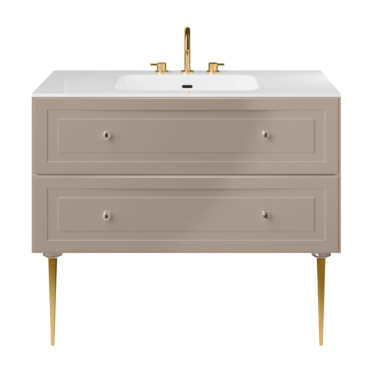 Alma Taupe 42" Vanity with Gold Legs & Knobs with Integrated White Solid Surface Top 