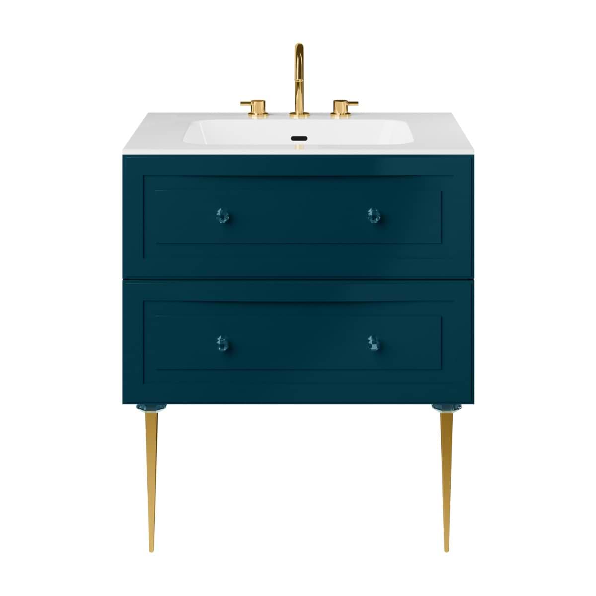 Alma Turquoise 30" Vanity with Gold Legs & Knobs with Integrated White Solid Surface Top 