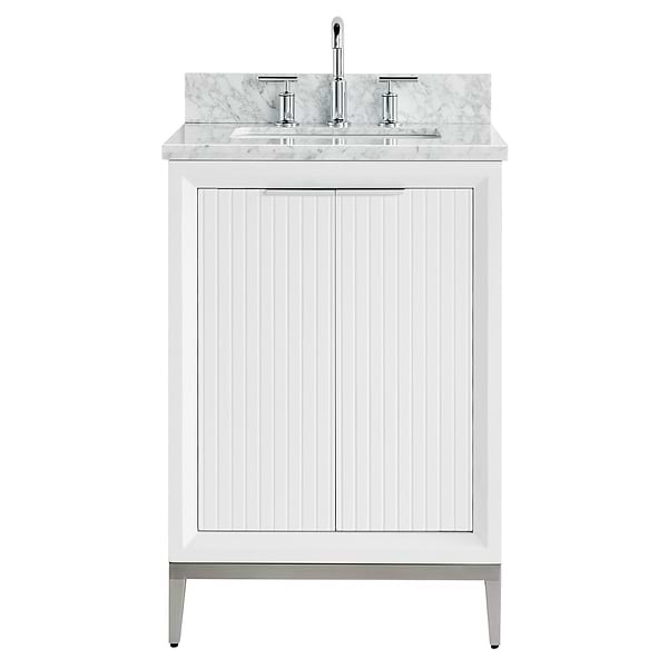 Bungalow White and Silver 24"Single Vanity with Carrara Marble Top; in White; in Style Ideas Classic, Mid Century, Modern, Traditional, Transitional