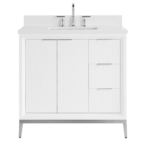 Bungalow White and Silver 36" Single Vanity with Pure White Quartz Top; in White; in Style Ideas Classic, Mid Century, Modern, Traditional, Transitional