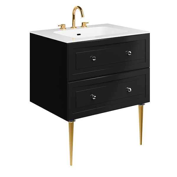 Alma Black 30" Vanity with Gold Legs & Knobs with Integrated White Solid Surface Top
