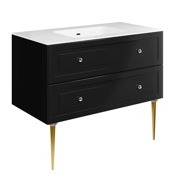 Alma Black 42" Vanity with Gold Legs & Knobs with Integrated White Solid Surface Top