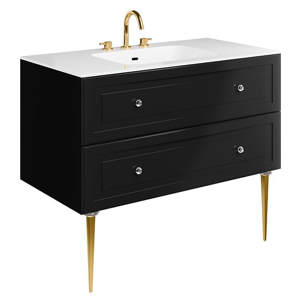 Alma Black 42" Vanity with Gold Legs & Knobs with Integrated White Solid Surface Top
