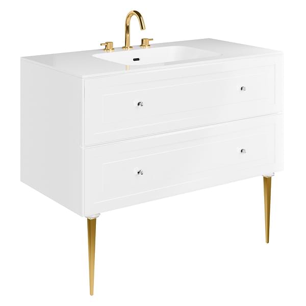 Alma White 42" Vanity with Gold Legs & Knobs with Integrated White Solid Surface Top