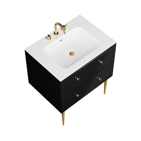 Alma Black 30" Vanity with Gold Legs & Knobs with Integrated White Solid Surface Top