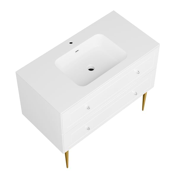 Alma White 42" Vanity with Gold Legs & Knobs with Integrated White Solid Surface Top