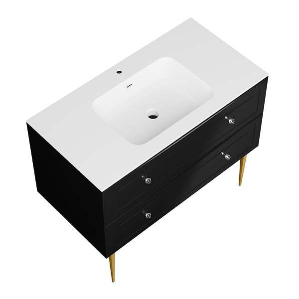 Alma Black 42" Vanity with Gold Legs & Knobs with Integrated White Solid Surface Top