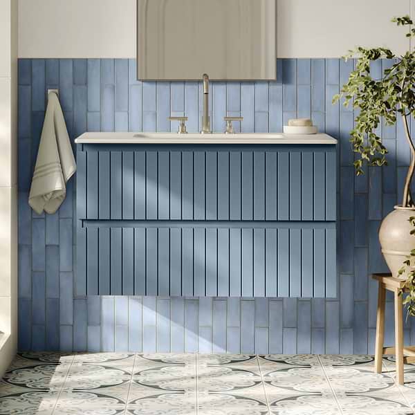 Adeline Denim Blue 36" Single Vanity with Integrated Solid Surface Top; in Style Ideas Modern, Transitional, Whimsical