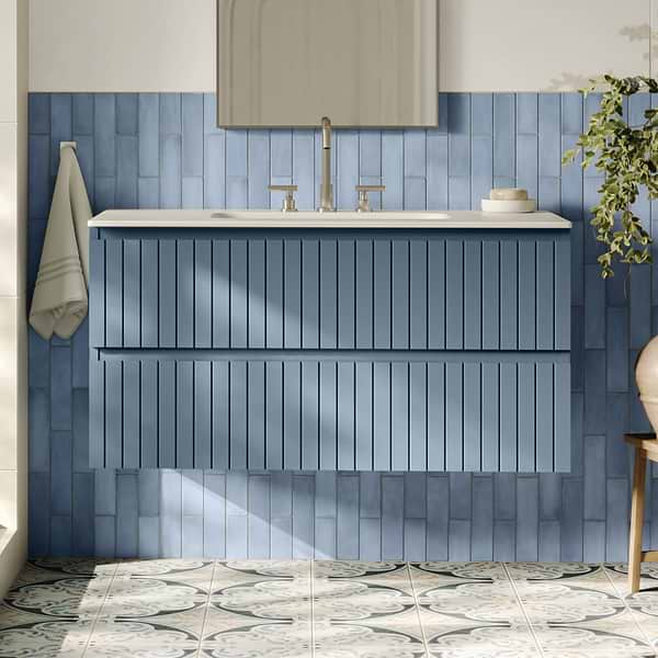 Adeline Denim Blue 42" Single Vanity with Integrated Solid Surface Top; in Style Ideas Modern, Transitional, Whimsical