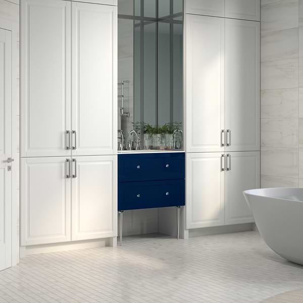 Alma Blue 30" Vanity with Chrome Legs & Knobs with Integrated White Solid Surface Top; in Blue; in Style Ideas Classic, Contemporary, Transitional