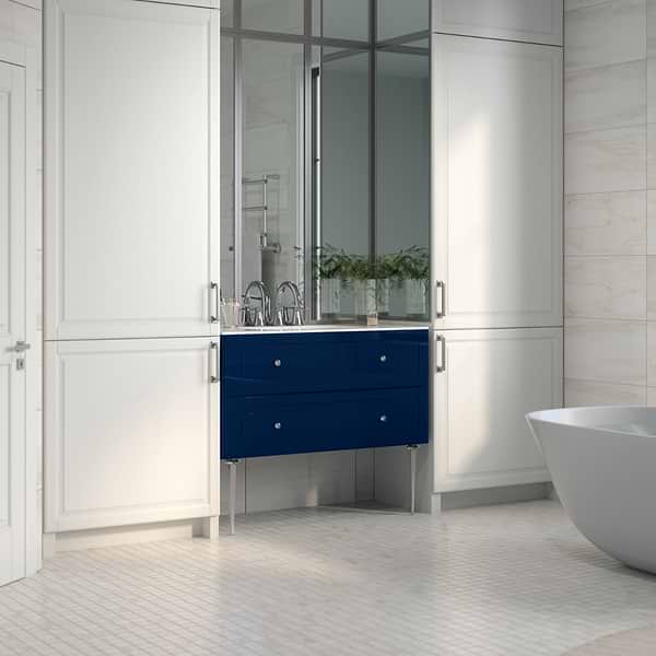 Alma Blue 42" Vanity with Chrome Legs & Knobs with Integrated White Solid Surface Top; in Blue; in Style Ideas Classic, Contemporary, Transitional