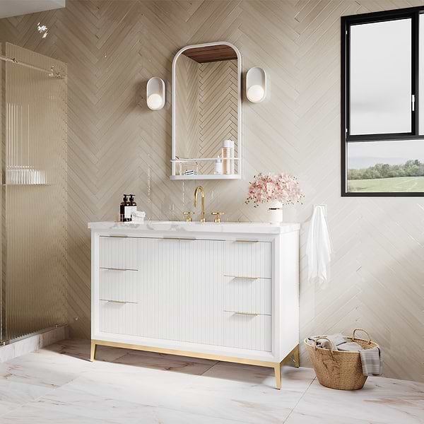 Bungalow White and Gold 48" Single Vanity with Pure White Quartz Top; in White; in Style Ideas Classic, Mid Century, Modern, Traditional, Transitional