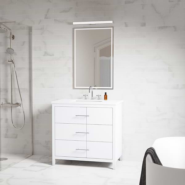 Iconic White and Silver 36" Single Vanity with Pure White Quartz Top