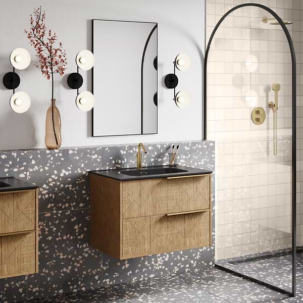 Close Out - Kora Geo Faux Fluted 32" Single Vanity with Integrated Black Ceramic Top & Gold Handles