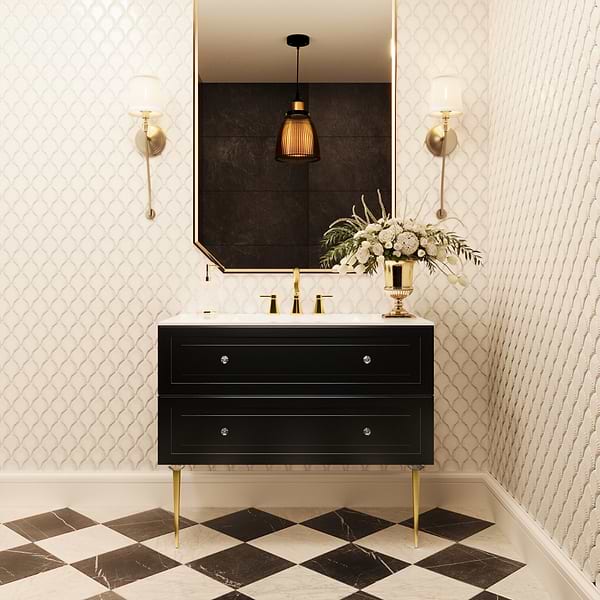 Alma Black 42" Vanity with Gold Legs & Knobs with Integrated White Solid Surface Top