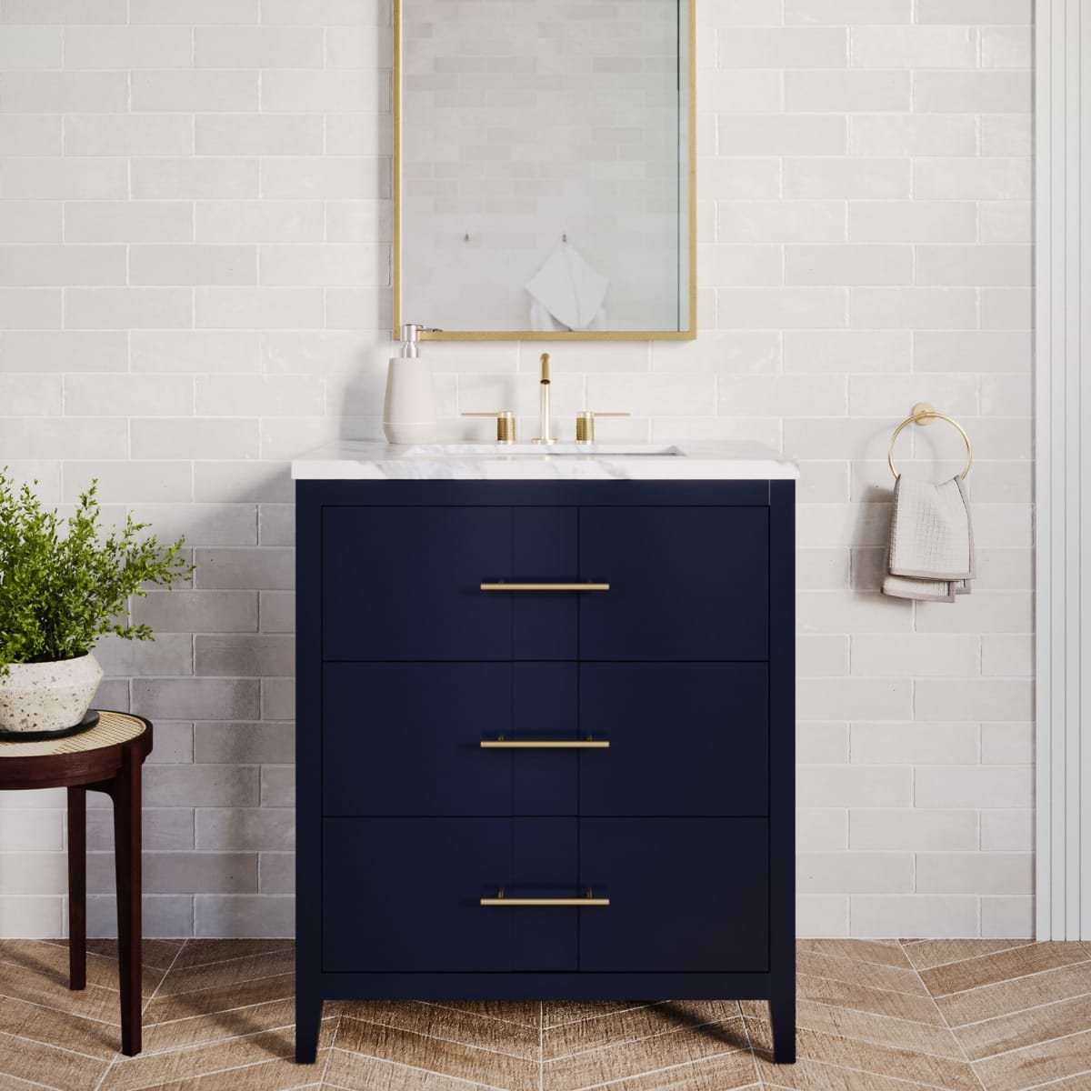 Iconic Navy and Gold 30" Single Vanity with Pure White Quartz Top; in Navy Blue; in Style Ideas Classic, Contemporary