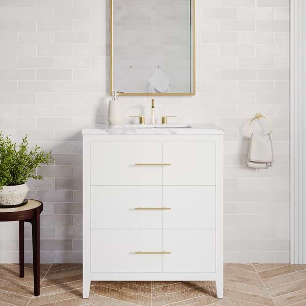 Iconic White and Silver 24" Single Vanity with Carrara Marble Top; in White; in Style Ideas Classic, Contemporary