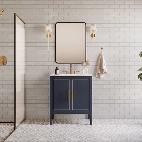 Province Navy and Gold 30" Single Vanity with Pure White Quartz Top; in Blue & Gold; in Style Ideas Classic, Contemporary