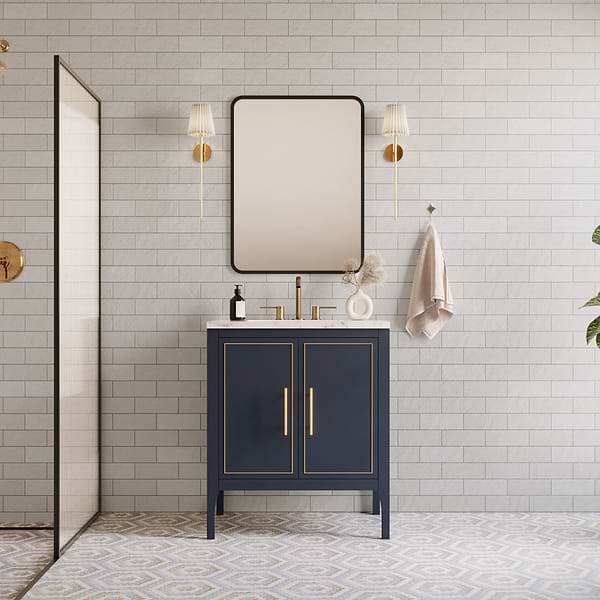 Province Navy and Gold 24" Single Vanity with Carrara Marble Top; in Blue & Gold; in Style Ideas Classic, Contemporary