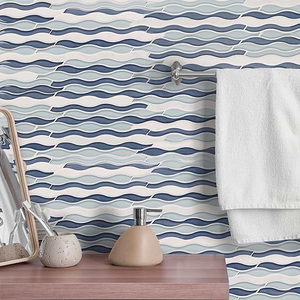 Wave Pool Blue; in White + Shades of Blue Glass; for Backsplash, Bathroom Wall, Kitchen Wall, Shower Wall, Wall Tile; in Style Ideas Beach, Whimsical