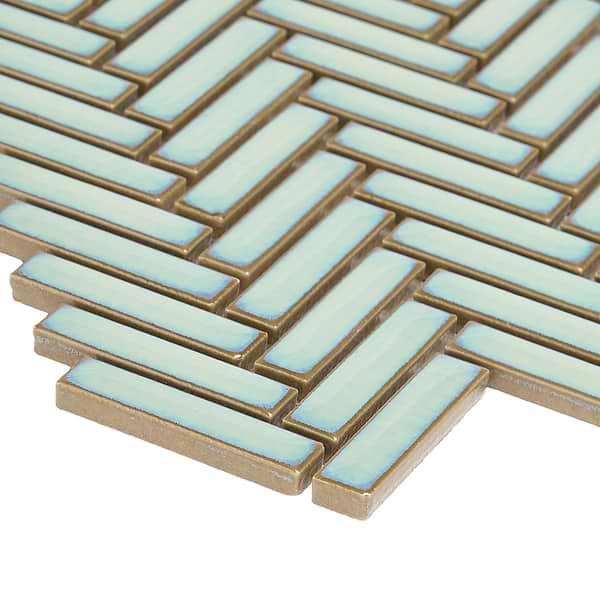 Motek Mint Green 1x2" Herringbone Glossy Porcelain Mosaic Tile