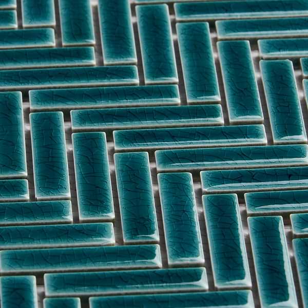 Motek Teal 1x2" Herringbone Crackled Glossy Porcelain Mosaic Tile