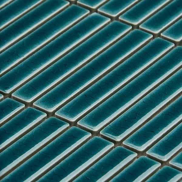 Motek Teal 1x4" Tri-Stacked Crackled Glossy Porcelain Mosaic Tile