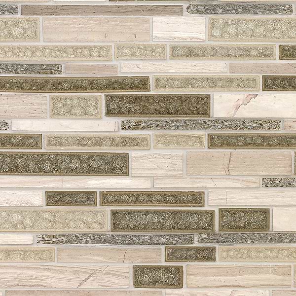 Close Out-Art Glass Botanical Woodvein; in Tan, Light Tan Green + Olive Green Colored Crushed Glass + Gold  Deco Glass + Stone + Etched Deco; for Backsplash, Bathroom Wall, Shower Wall, Wall Tile; in Style Ideas Cottage, Craftsman, Farmhouse, Modern
