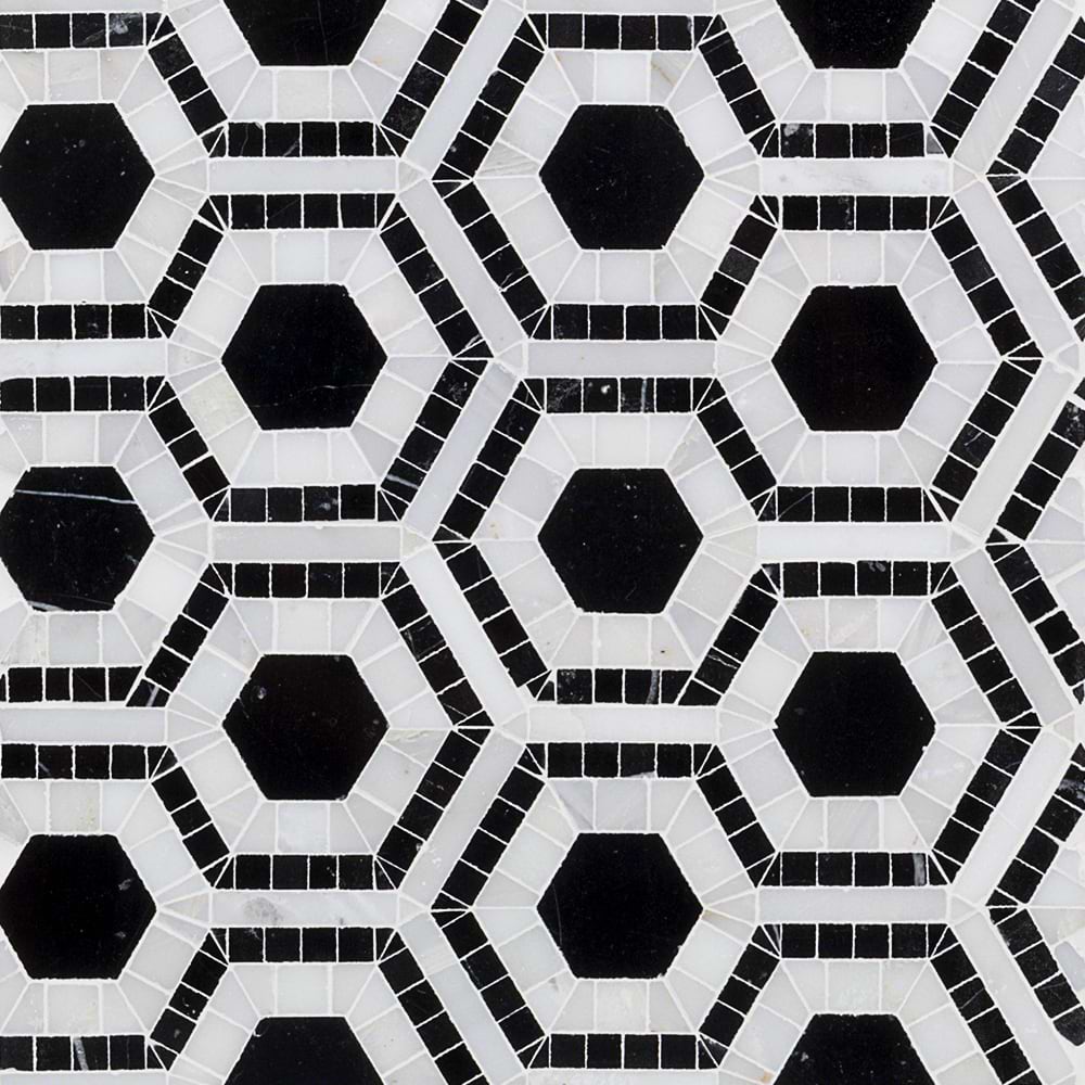 Evo Hex Nero & Asian Statuary 4" Hexagon Marble Polished Mosaic Tile